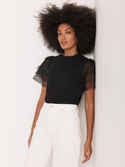 Mint Velvet Black Cotton Tulle Sleeve T-Shirt - Image 6 of 8