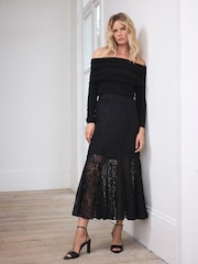 Mint Velvet Black Lace Fluted Sheer Skirt - Image 6 of 8