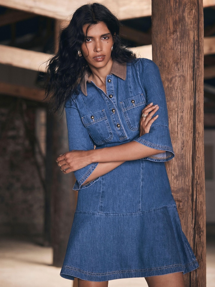 Mint Velvet Blue Denim Contrast Mini Dress - Image 1 of 8 Mint Velvet Blue Denim Contrast Mini Dress - Image 1 of 8
