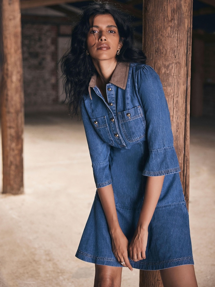 Mint Velvet Blue Denim Contrast Mini Dress - Image 2 of 8 Mint Velvet Blue Denim Contrast Mini Dress - Image 2 of 8