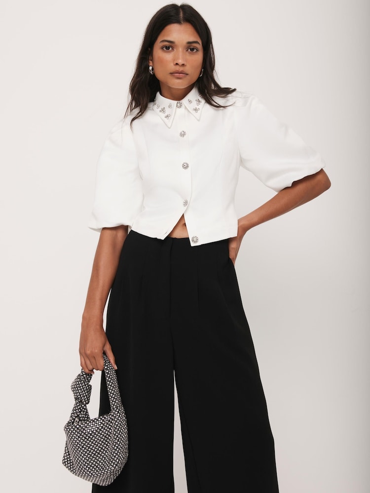 Mint Velvet White Embellished Collar Cropped Shirt - Image 1 of 8 Mint Velvet White Embellished Collar Cropped Shirt - Image 1 of 8