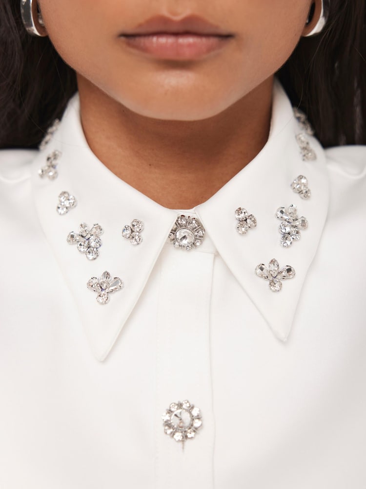 Mint Velvet White Embellished Collar Cropped Shirt - Image 2 of 8 Mint Velvet White Embellished Collar Cropped Shirt - Image 2 of 8