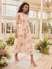 Love & Roses Ivory Floral Printed Petite 3D Crew Embellished Neck Midi Dress - Image 5 of 5