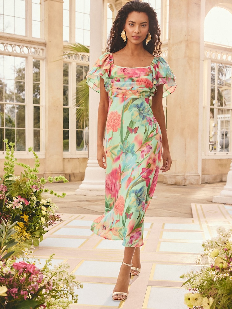 Love & Roses Green Blurred Floral Petite Flutter Sleeve Pleated Bodice Midi Dress - Image 1 of 4