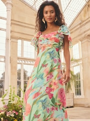 Love & Roses Green Blurred Floral Petite Flutter Sleeve Pleated Bodice Midi Dress - Image 3 of 4