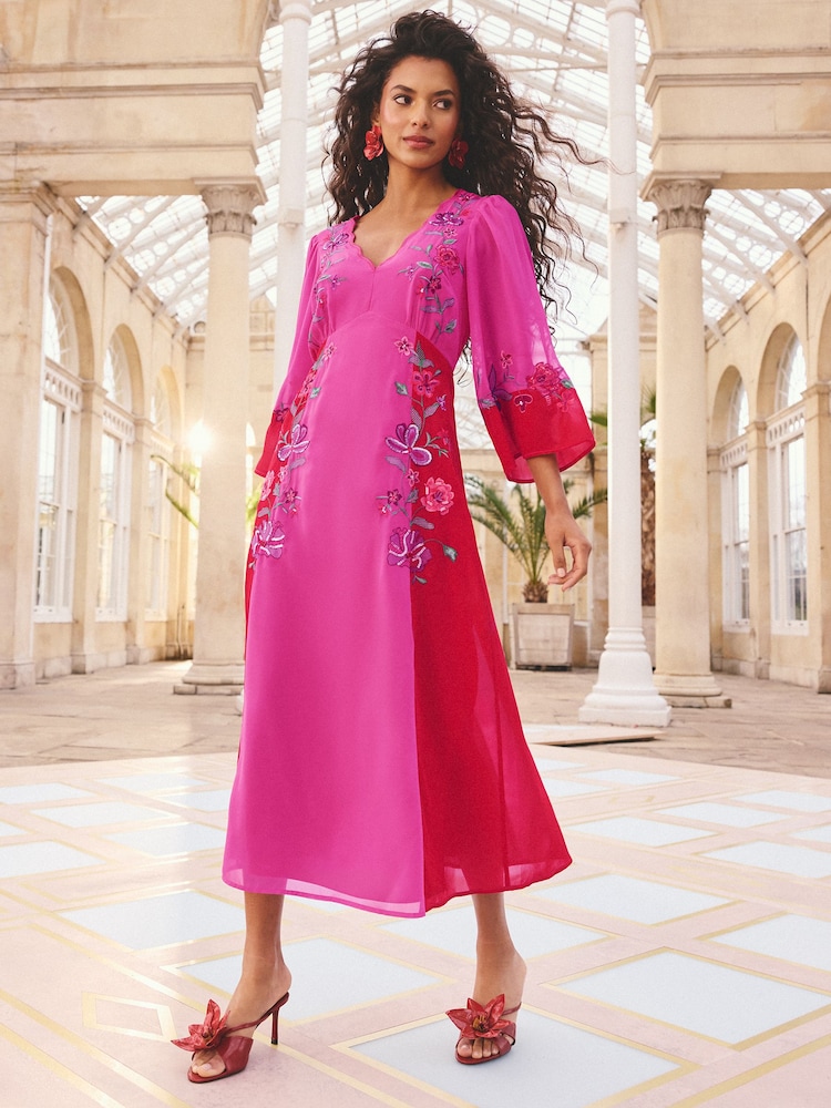 Love & Roses Pink Embellished Floral Petite Kimono Sleeve Midi Dress - Image 1 of 4