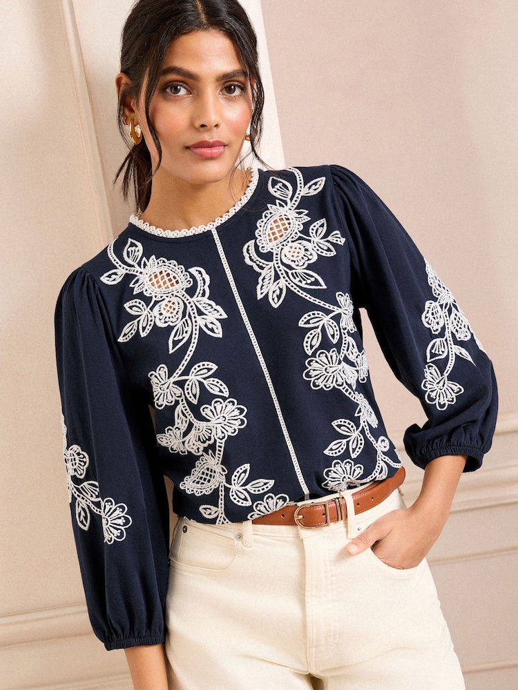 Love & Roses Navy Cutwork Embroidered 3/4 Sleeve Top - Image 1 of 4