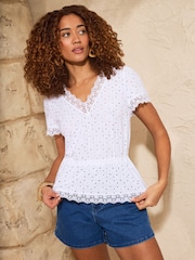 Love & Roses Ivory Broderie Lace Trim Peplum Top - Image 1 of 4