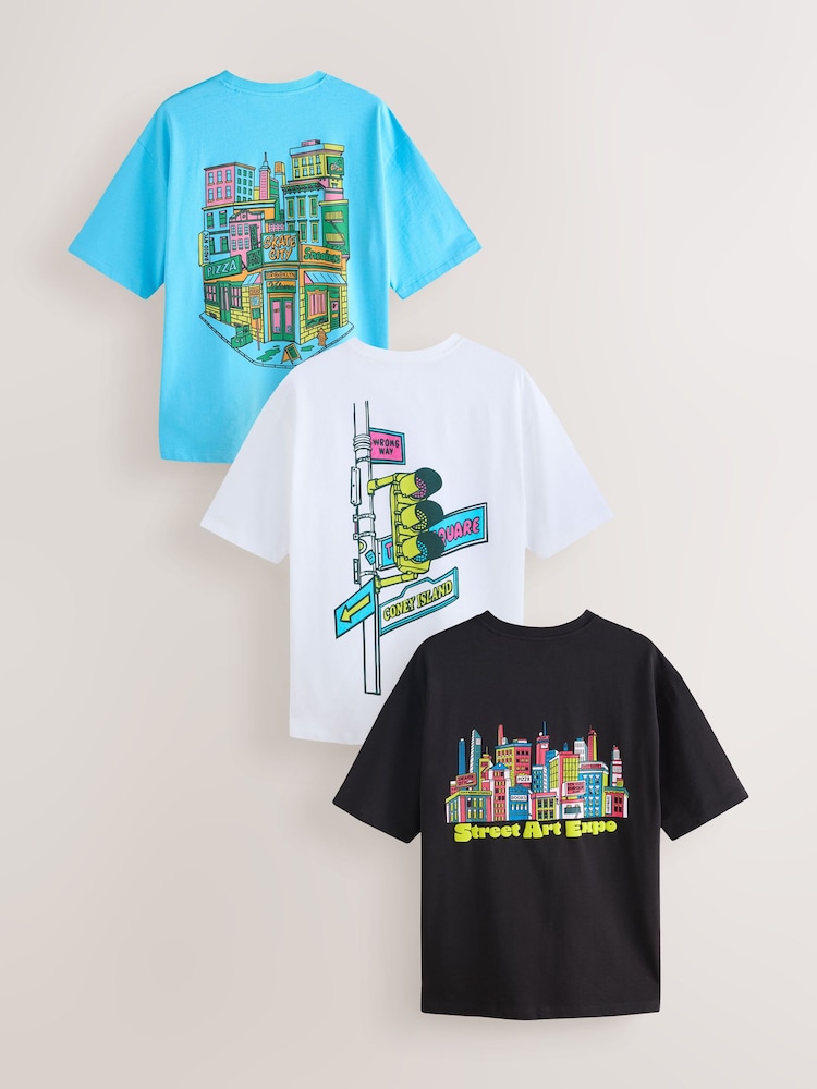 أبيض/أسود/أزرق - قياس انسيابي - حزمة من 3 تيشرتات بطبعة رسم نصي - صورة 1 من 15