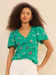 Love & Roses Green Floral Print Scallop T-Shirt - Image 1 of 4