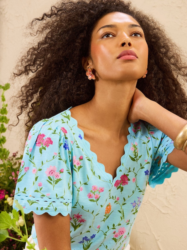 Love & Roses x RHS Light Blue Floral Print Scallop T-Shirt - Image 2 of 5