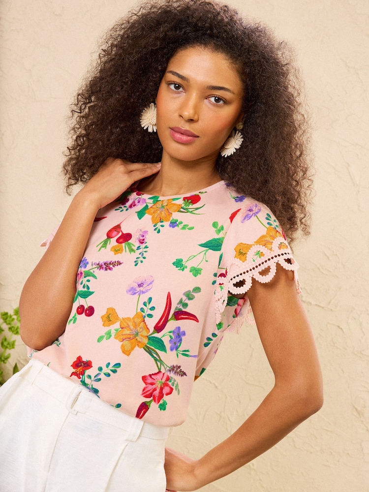 Love & Roses Pink Floral Chilli Print Petite Flutter Sleeve Jersey T-Shirt - Image 1 of 4