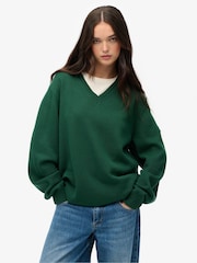 Superdry Green Oversized V-Neck Jumper - Image 1 of 6