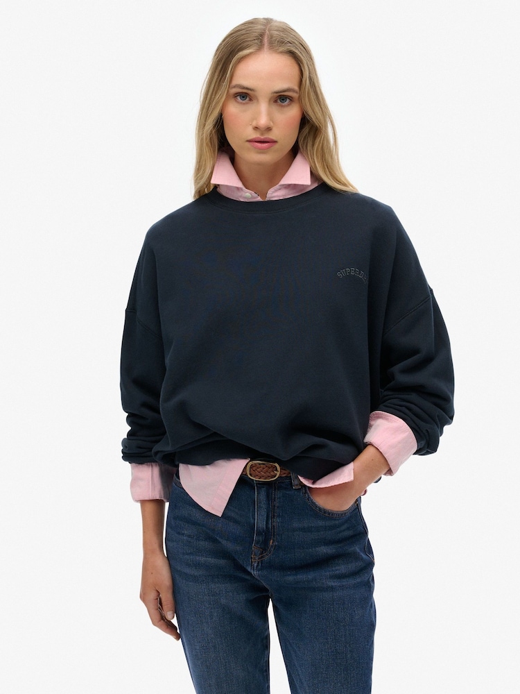 Superdry Blue Essential Logo Garment Dyed Crew Sweatshirt - Image 2 of 7 Superdry Blue Essential Logo Garment Dyed Crew Sweatshirt - Image 2 of 7