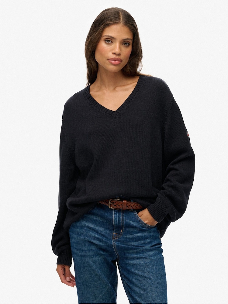 Superdry Black Oversized V-Neck Jumper - Image 1 of 6 Superdry Black Oversized V-Neck Jumper - Image 1 of 6