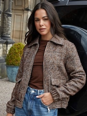 Threadbare Brown Herringbone Check Faux Wool Jacket - Image 1 of 5