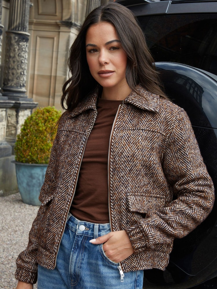 Threadbare Brown Herringbone Check Faux Wool Jacket - Image 1 of 5 Threadbare Brown Herringbone Check Faux Wool Jacket - Image 1 of 5
