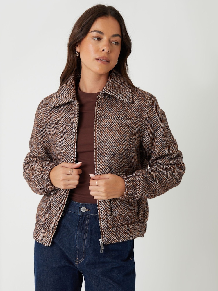 Threadbare Brown Herringbone Check Faux Wool Jacket - Image 2 of 5 Threadbare Brown Herringbone Check Faux Wool Jacket - Image 2 of 5