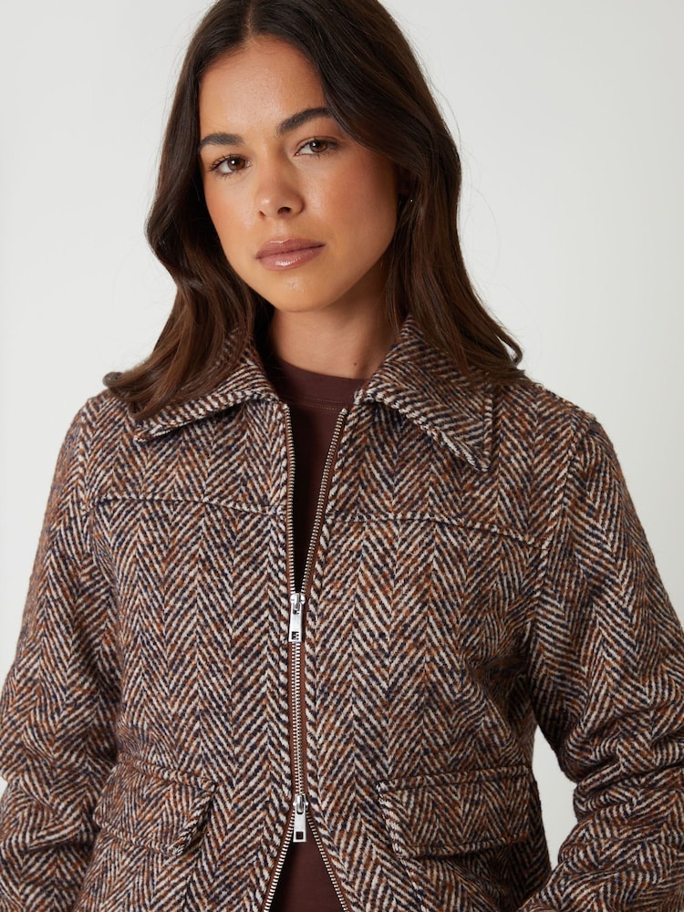 Threadbare Brown Herringbone Check Faux Wool Jacket - Image 5 of 5 Threadbare Brown Herringbone Check Faux Wool Jacket - Image 5 of 5