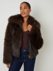 Threadbare Brown Faux Fur Zip Through Coat - Image 1 of 4