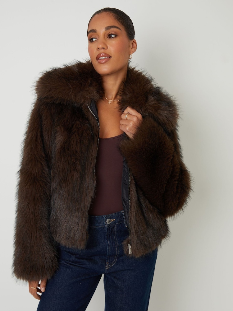 Threadbare Brown Faux Fur Zip Through Coat - Image 1 of 4