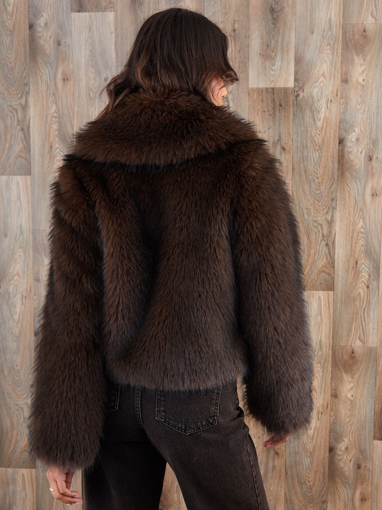 Threadbare Brown Faux Fur Zip Through Coat - Image 2 of 3 Threadbare Brown Faux Fur Zip Through Coat - Image 2 of 3