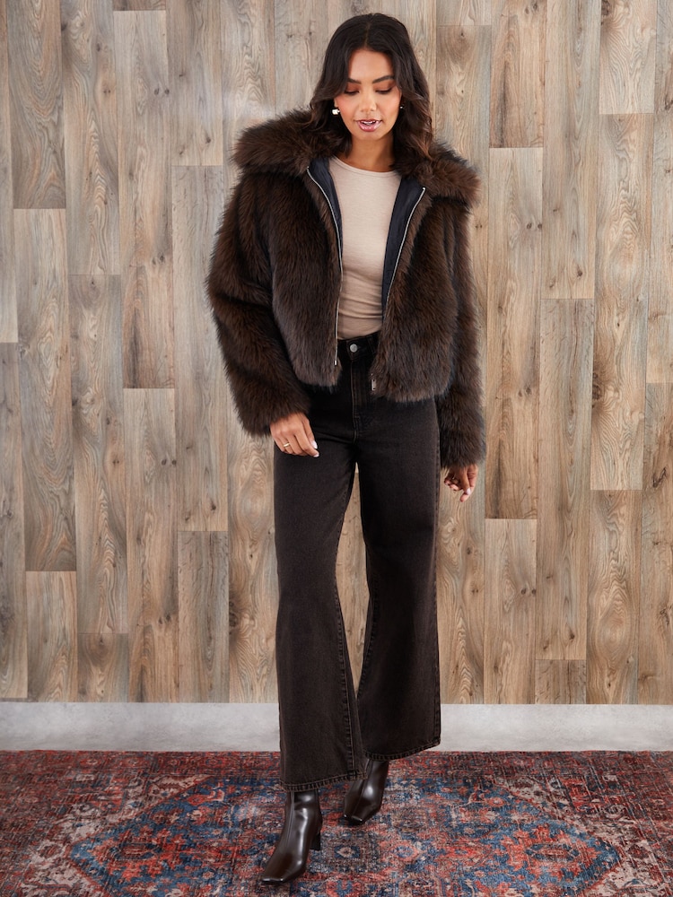 Threadbare Brown Faux Fur Zip Through Coat - Image 3 of 3