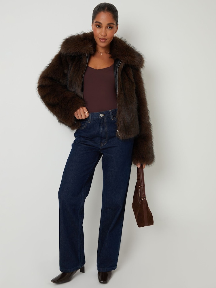 Threadbare Brown Faux Fur Zip Through Coat - Image 4 of 4