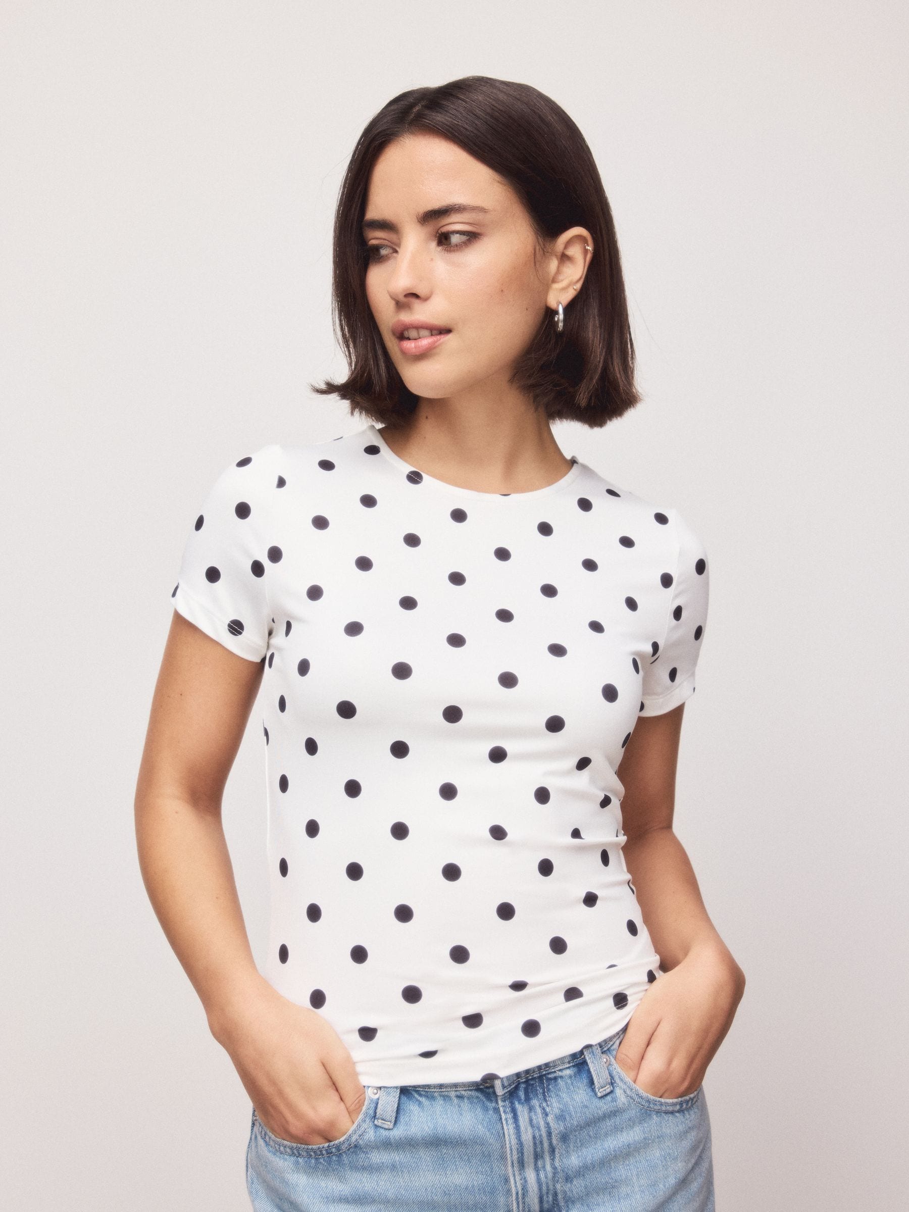 Buy Black/Ecru Polka Dot Soft Touch Slinky Crew Neck Short Sleeve