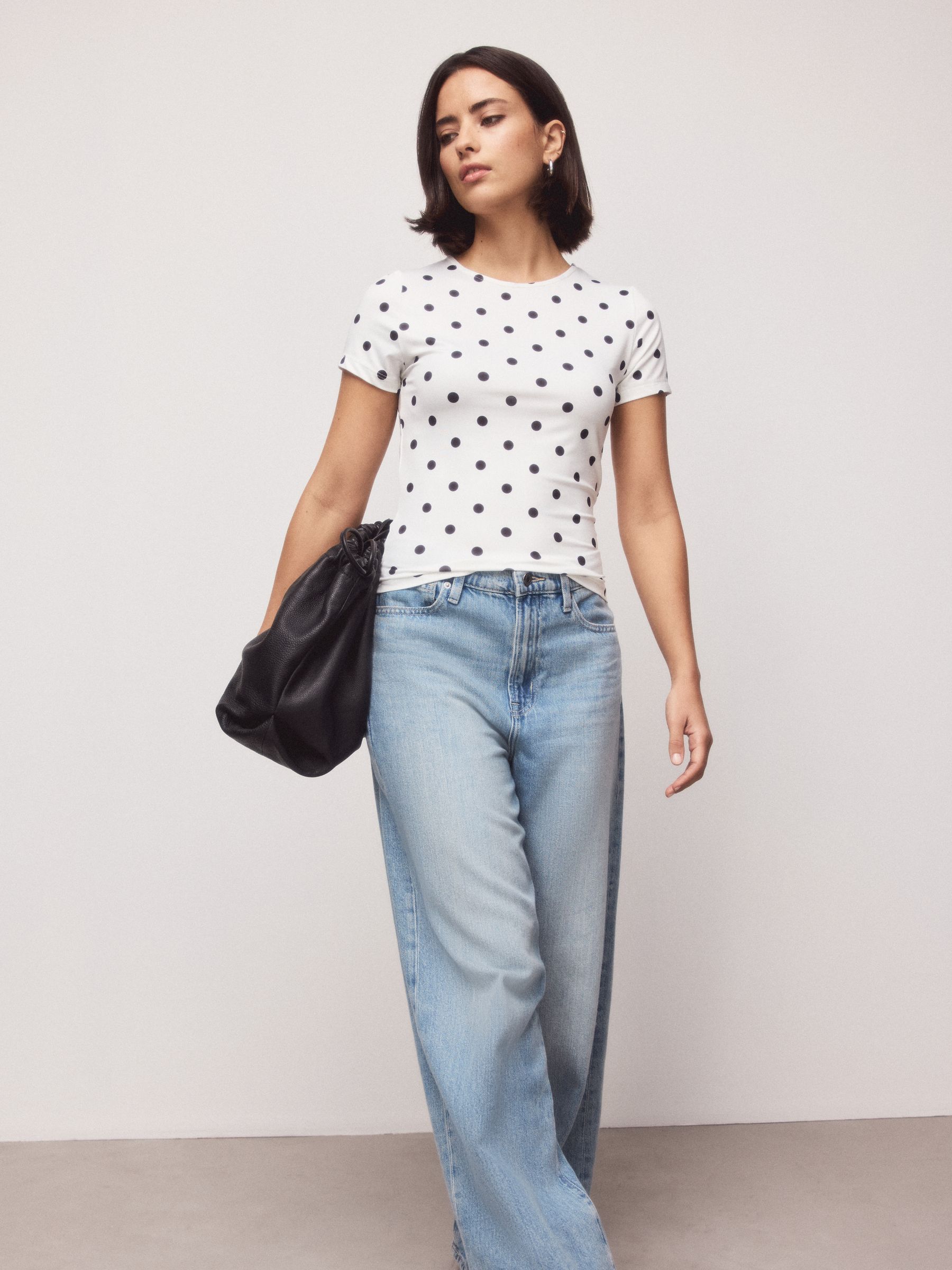 Buy Black/Ecru Polka Dot Soft Touch Slinky Crew Neck Short Sleeve