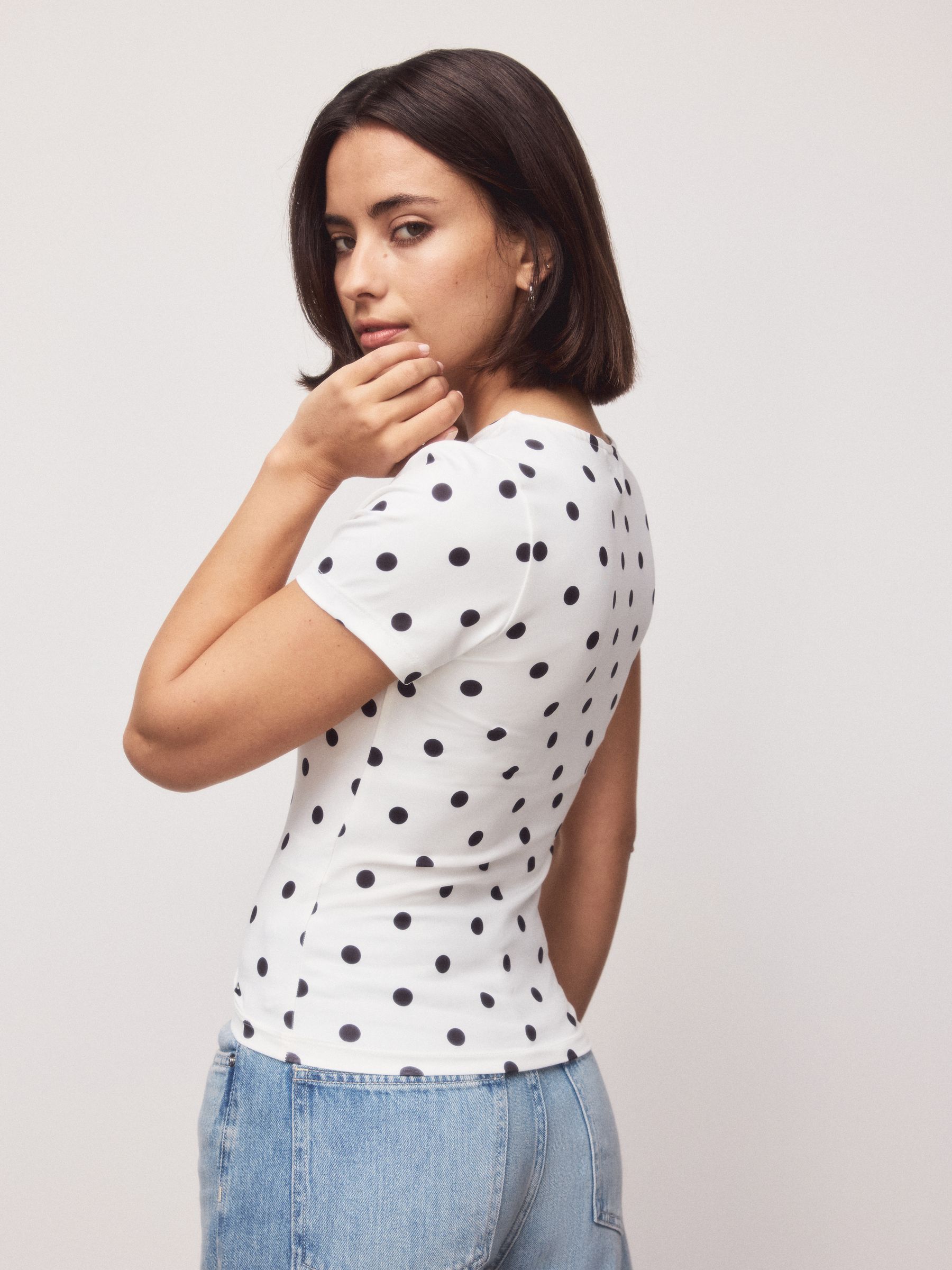 Buy Black/Ecru Polka Dot Soft Touch Slinky Crew Neck Short Sleeve