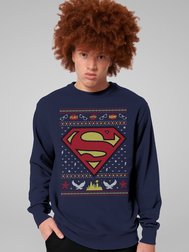 All + Every Blue Superman Christmas Pattern Sweatshirt - Image 1 of 4 All + Every Blue Superman Christmas Pattern Sweatshirt - Image 1 of 4