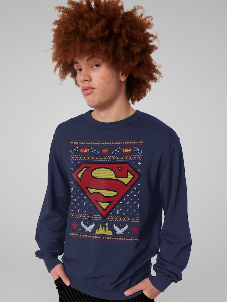 All + Every Blue Superman Christmas Pattern Sweatshirt - Image 2 of 4 All + Every Blue Superman Christmas Pattern Sweatshirt - Image 2 of 4