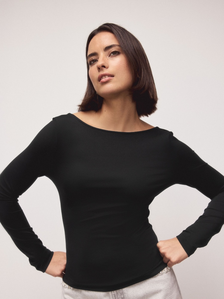 Black Soft Touch Slinky Backless Long Sleeve Top - Image 1 of 9 Black Soft Touch Slinky Backless Long Sleeve Top - Image 1 of 9