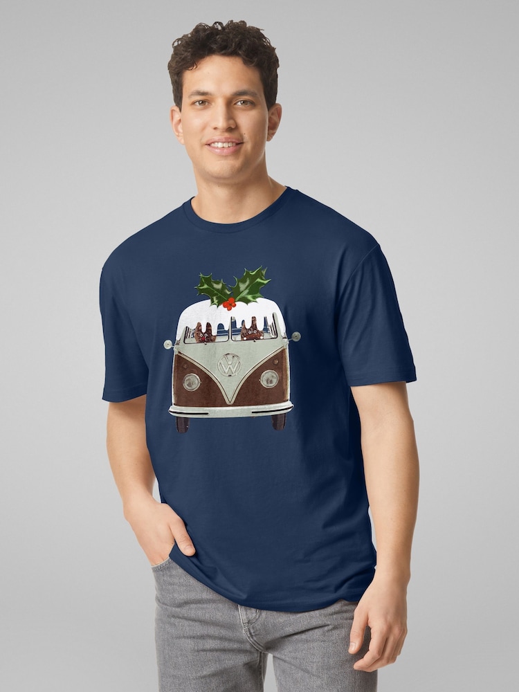 All + Every Blue Volkswagen Christmas Christmas Pudding Camper Van T-Shirt - Image 1 of 4 All + Every Blue Volkswagen Christmas Christmas Pudding Camper Van T-Shirt - Image 1 of 4