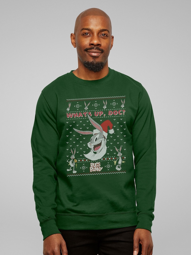 All + Every Green Looney Tunes Christmas Bugs Bunny What's Up Doc Sweatshirt - Image 1 of 4 All + Every Green Looney Tunes Christmas Bugs Bunny What's Up Doc Sweatshirt - Image 1 of 4