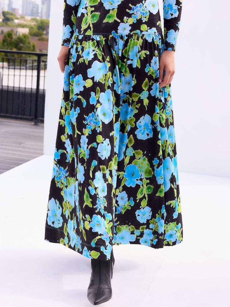 Ro&Zo Blue Floral Dropped Waist Jersey Dress - Image 3 of 3