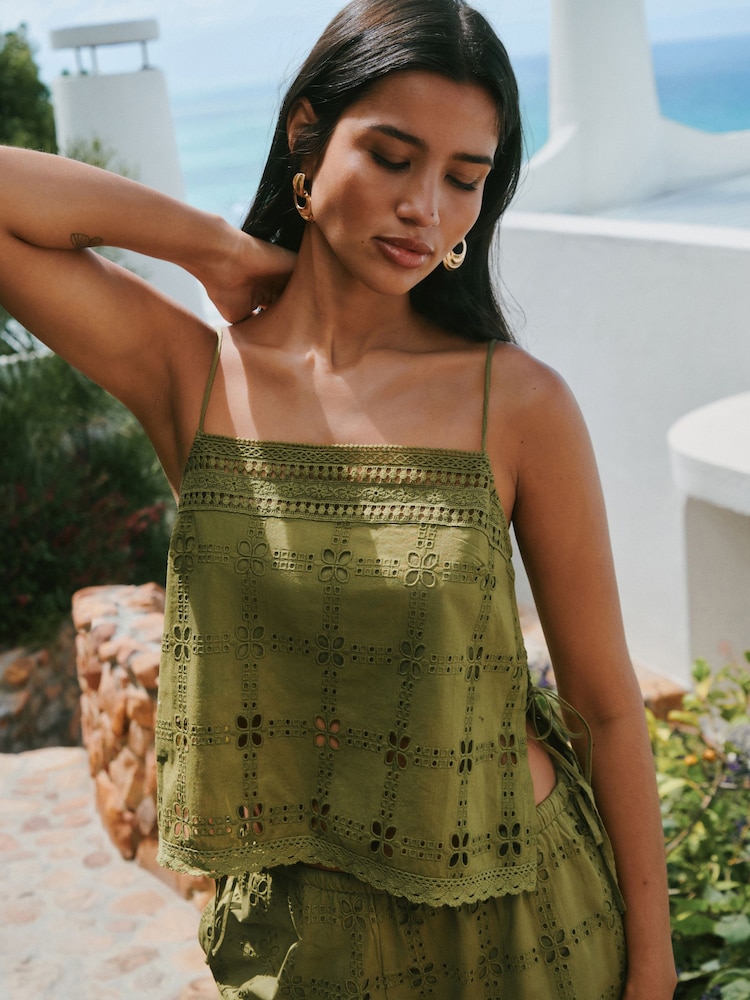 Green Broderie Square Cami Top - Image 1 of 8