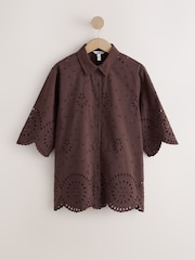 Chocolate Brown Broderie 3/4 Sleeve Shirt - Image 1 of 3