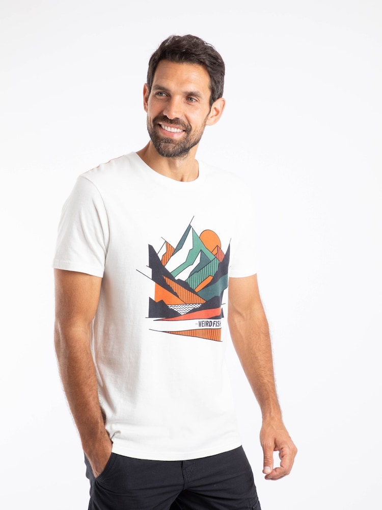 Weird Fish Cream Aspect Mountains Front Print Graphic T-Shirt - Image 1 of 6 Weird Fish Cream Aspect Mountains Front Print Graphic T-Shirt - Image 1 of 6