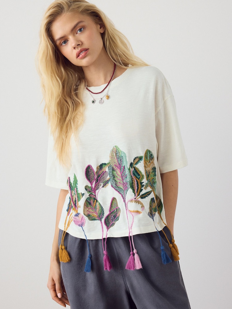 Ecru Graphic Embroidered Vegetable Tassel Short Sleeve T-Shirt - Image 1 of 8