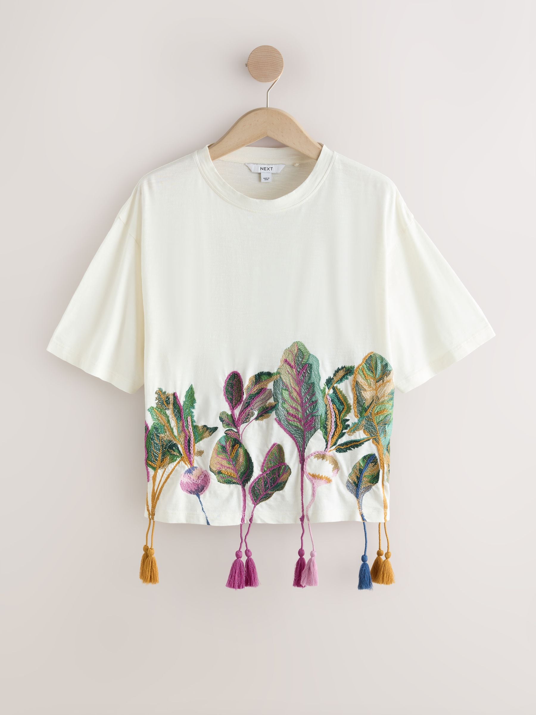 Buy Ecru Graphic Embroidered Vegetable Tassel Short Sleeve T-Shirt