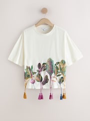 Ecru Graphic Embroidered Vegetable Tassel Short Sleeve T-Shirt - Image 6 of 8