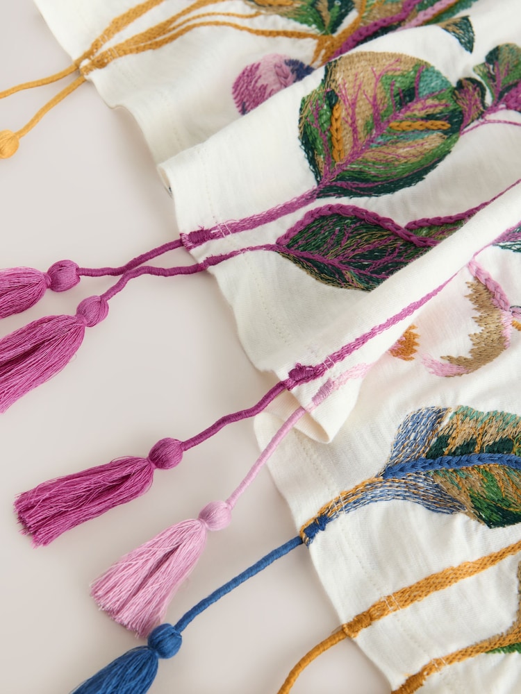 Ecru Graphic Embroidered Vegetable Tassel Short Sleeve T-Shirt - Image 8 of 8