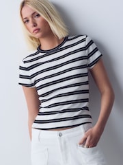 Black/White Stripe Ribbed Crew Neck Short Sleeve T-Shirt - Image 1 of 8
