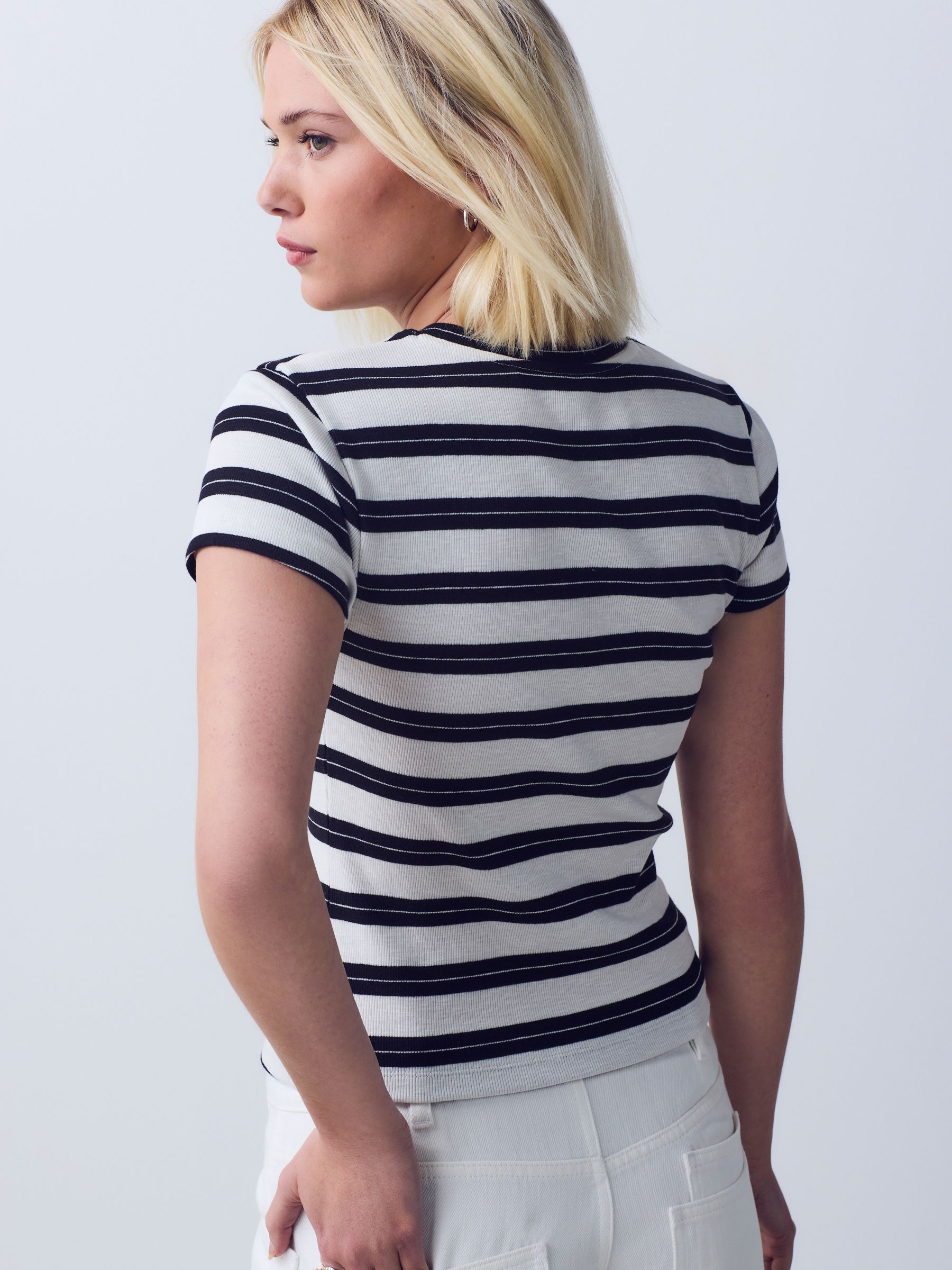 Buy Black/White Stripe Ribbed Crew Neck Short Sleeve T-Shirt from