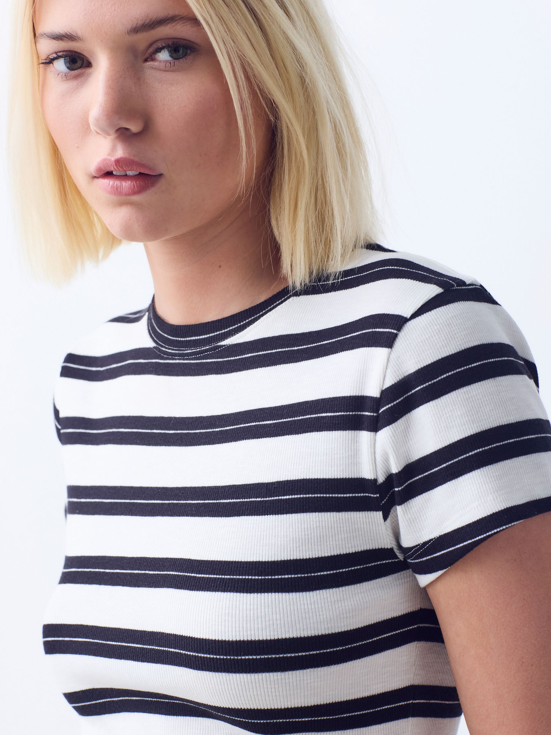 Buy Black/White Stripe Ribbed Crew Neck Short Sleeve T-Shirt from