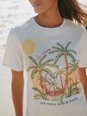 أبيض بيج فاتح - Embroidered Beaded Heavyweight Short Sleeve Crew Neck T-Shirt - صورة 4 من 7