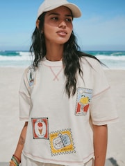 Ecru Summer Badge Graphic Boxy Crew Neck T-Shirt - Image 1 of 8