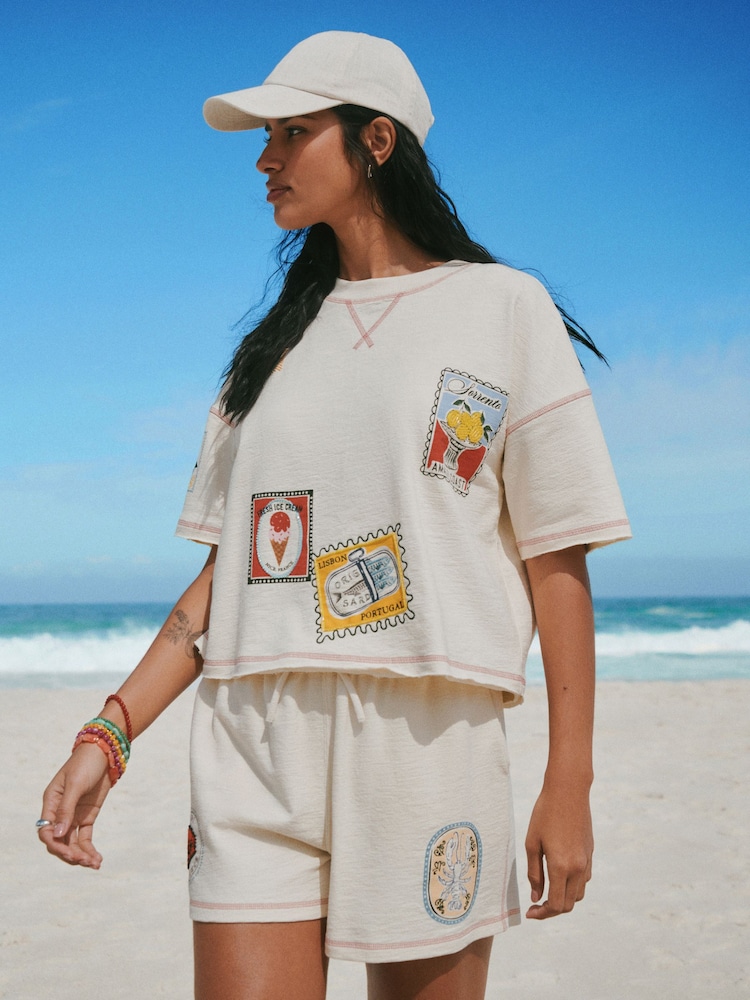 Ecru Summer Badge Graphic Boxy Crew Neck T-Shirt - Image 2 of 8